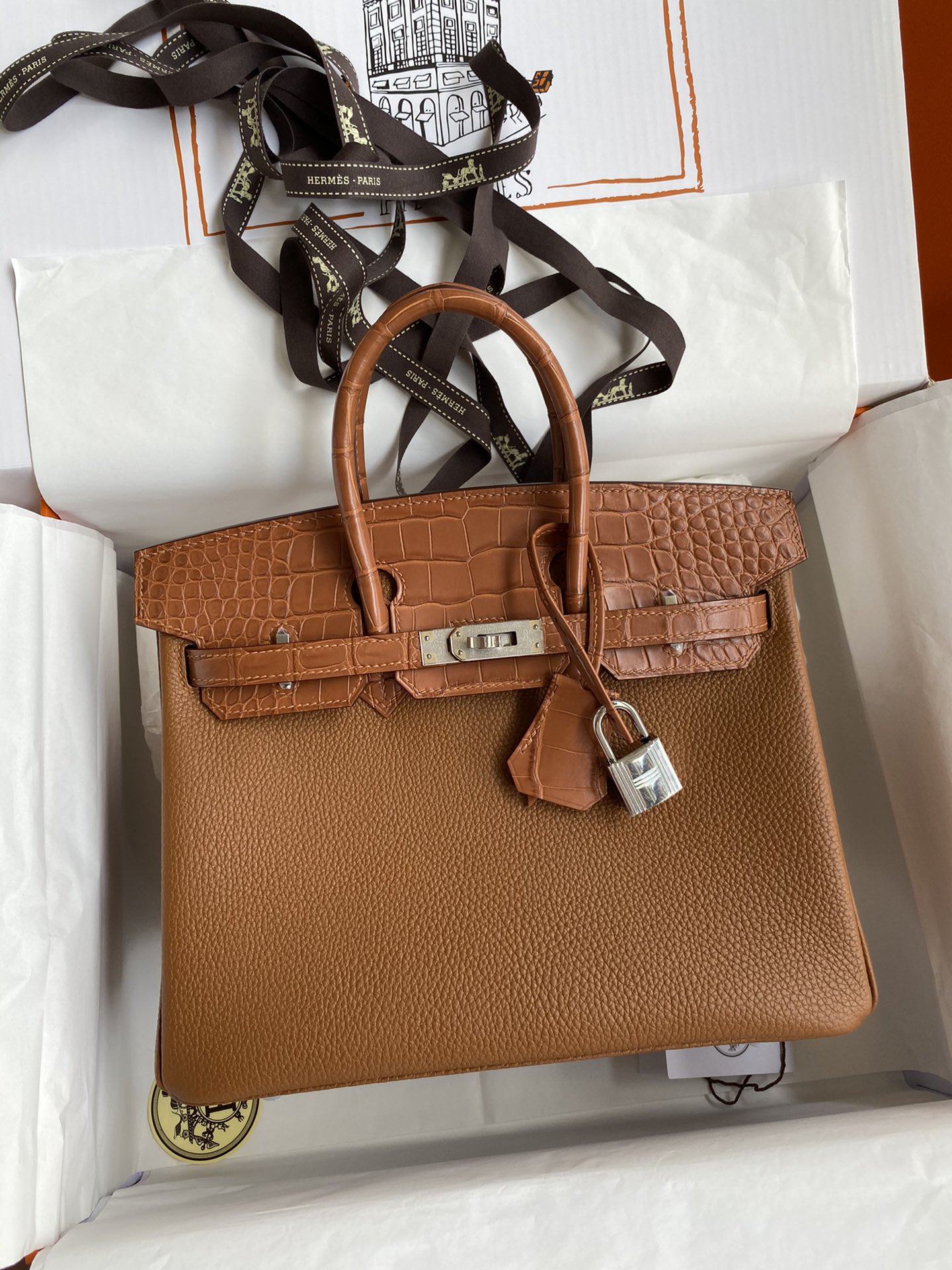 Hermes Touch Birkin 25CM Bag In Caramel Togo and Matte Alligator Crocodile Leather